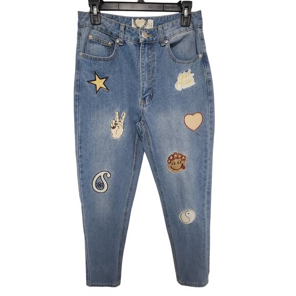 BooHoo Womens Patch Jeans Size 10 Retro Rainbow Retro Hippie Boho - Picture 1 of 9